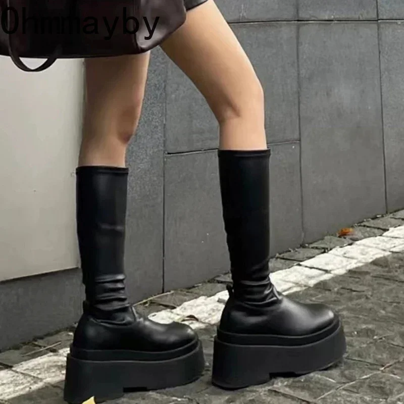 

2023 Winter Woman Punk High Boots Fashion Zippers Long Boots Shoes Ladies Elegant Platform Wedges High Heel Women's Pumps