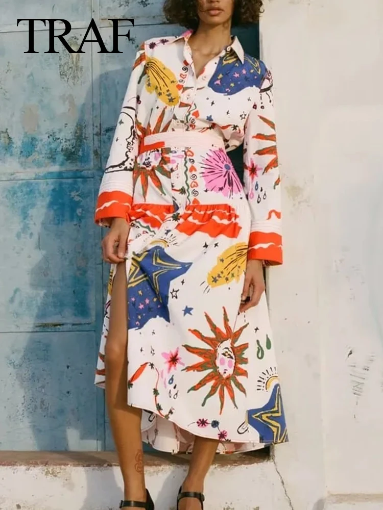 

TRAF Long Sleeve Casual Summer Women's Dresses Elegant Midi Dresses 2023 Women's Printed Shirt Dress Woman Belt Long Dresses