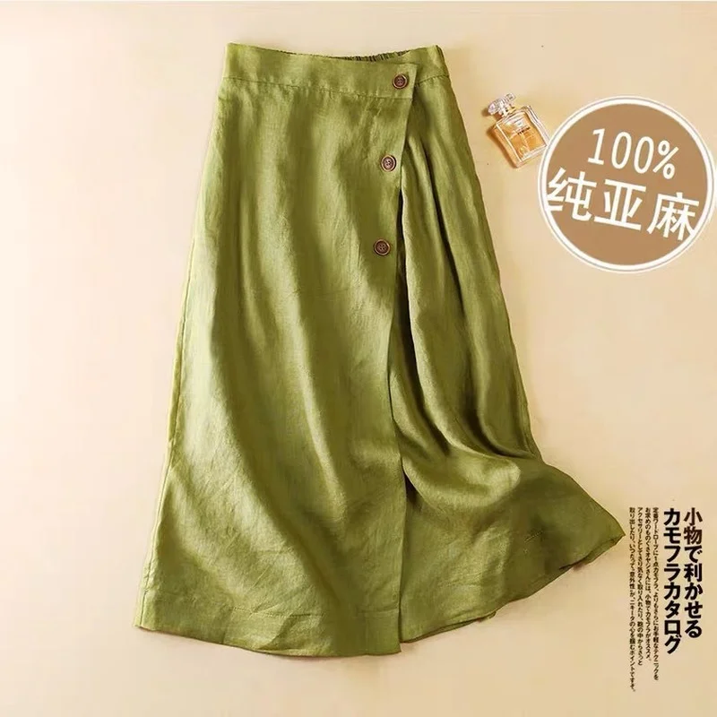 

Cotton and Linen Skirt Women 2022 Summer New Casual A Line Skirt Summer Mid-length Elastic Waist Large Swing Skirt