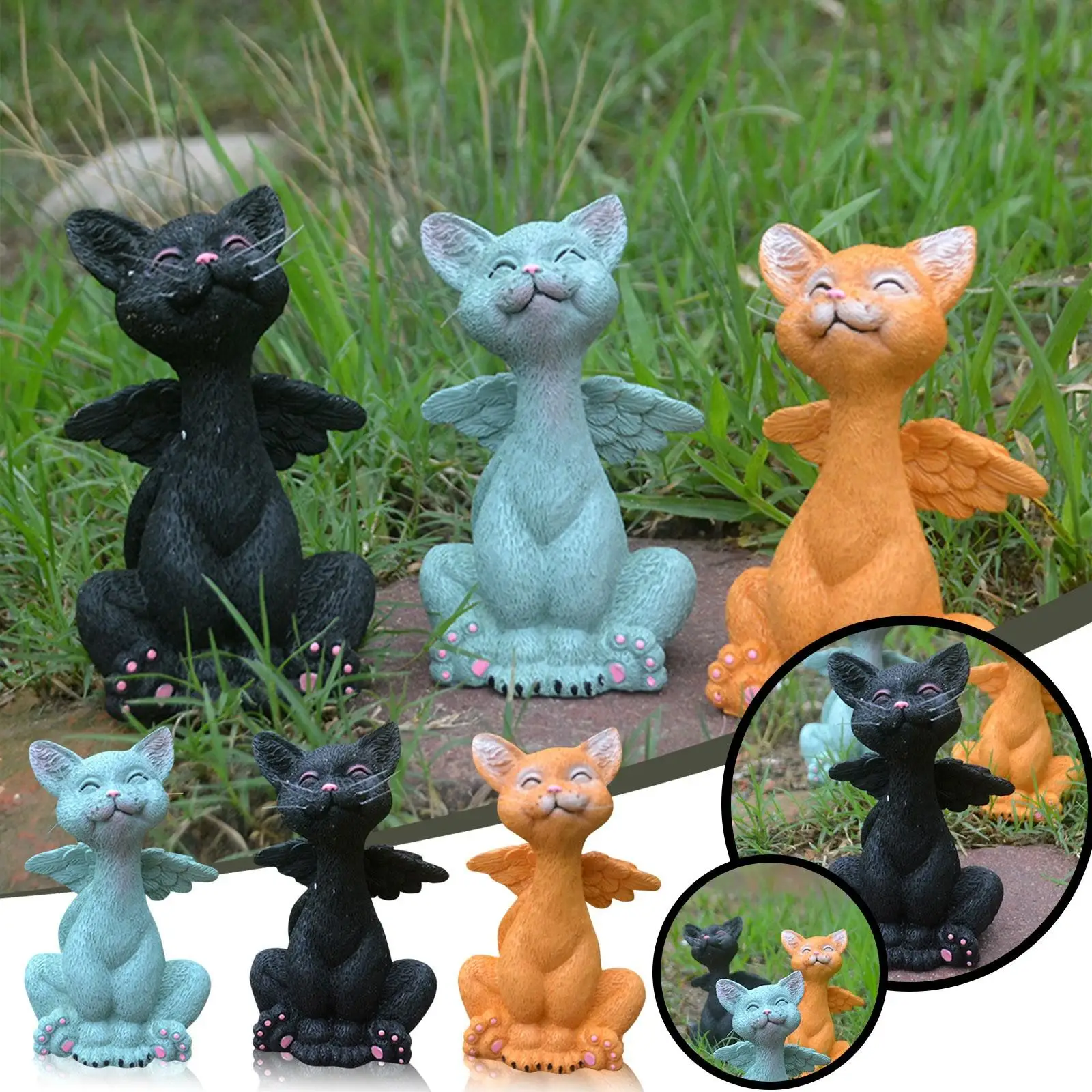

Winged Squatting Cat Animal Statue Ornament Garden Home Decoration Ornament Resin Crafts mini garden accessories 3PC