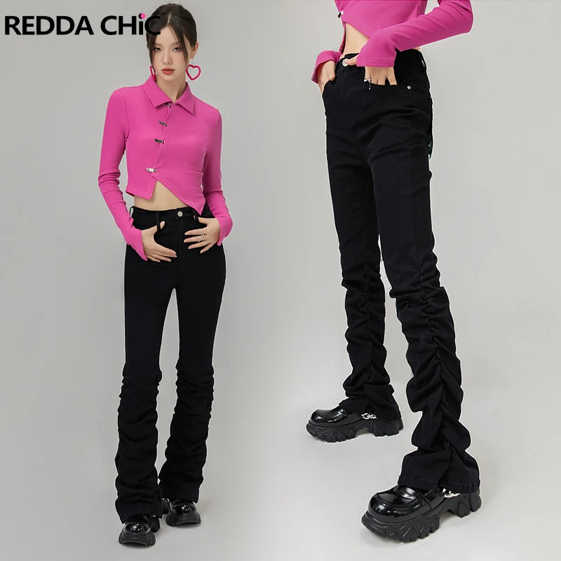 REDDACHiC Tall Girl Friendly Grunge Y2k Women's Jeans New Black Flared Stacked Pants Gyaru Acubi Streetwear Korean 2000s Vintage
