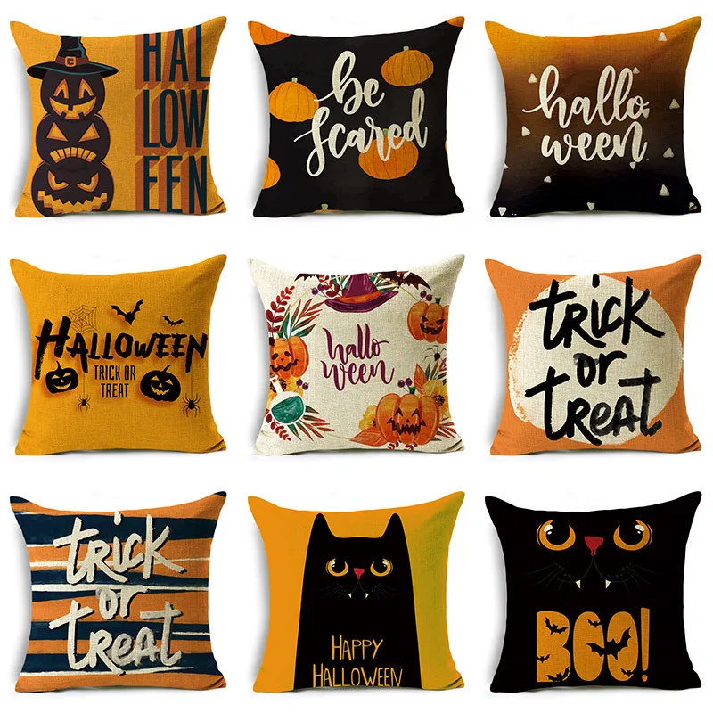 

Happy Halloween Cushion Cover Linen Decorative Trick or Treat Square Pillowcase for Sofa Bedroom Home Decor 40cm/45cm and 50cm