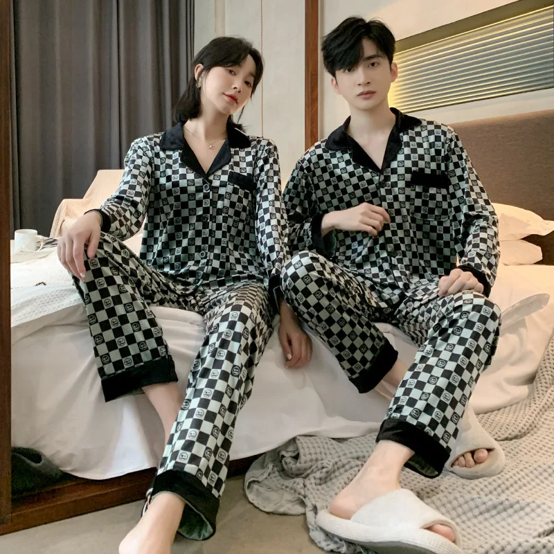 Winter Autumn Sleepwear Men Pajamas Sets with Pants Solid Satin Turn-Down Collar 2 Pieces