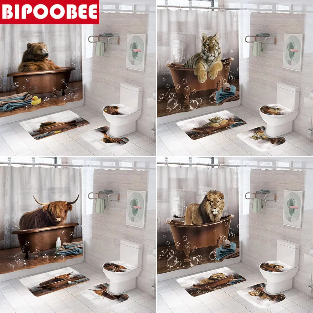 

Занавеска для ванной с изображением черного медведя тигра, 3D занавески для ванной комнаты, тканевая занавеска для душа, коврик для ванной, коврики, крышка для туалета, нескользящий ковер