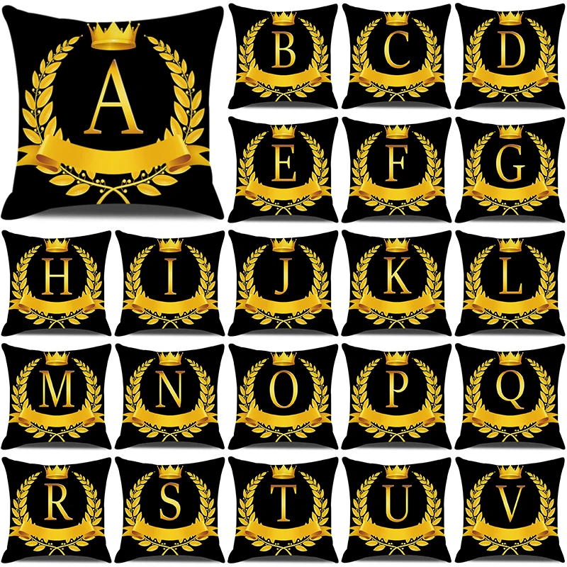 

Gold Alphabet Cushion Cover 45X45 Olive Leaf Wreath Crown Printed Black Pillow Case Home Decorative Pillowcase Sofa Pillow Cover