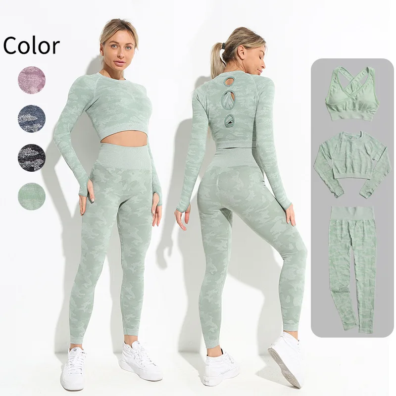 

Seamless Women Yoga Set Workout Sportswear Gym Clothing Fitness Long Sleeve Crop Top High Waist Leggings Sports Suits