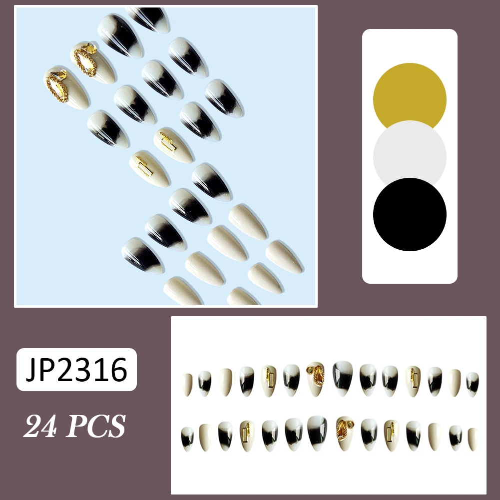 

24 шт. глянцевые черные белые накладные ногти короткие заостренные накладные ногти с желтыми бриллиантами полное покрытие искусственные но...