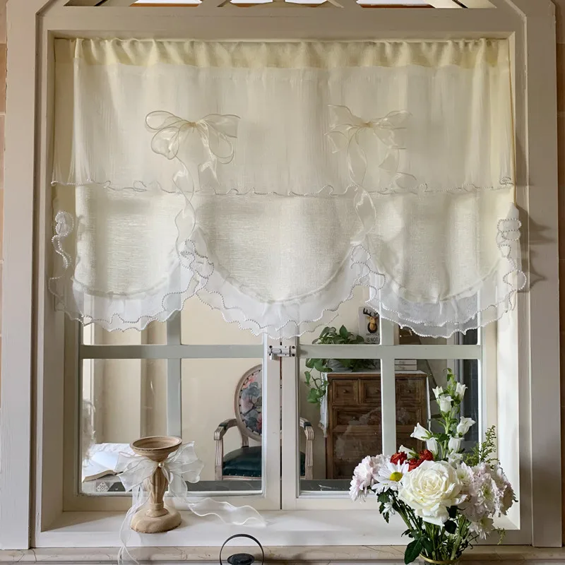 

Французская креативная изогнутая кружевная короткая Тюлевая занавеска с бантом и вышитыми белыми цветами половина балдашны для кухни двери окна Декор