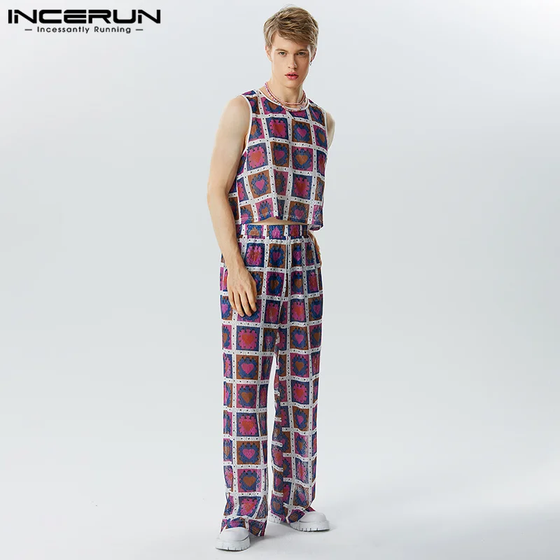 

American Style New Men's Casual Sets Sleeveless Vests Long Pants Handsome Male Fashion Tracery Two-piece Sets S-5XL INCERUN 2023