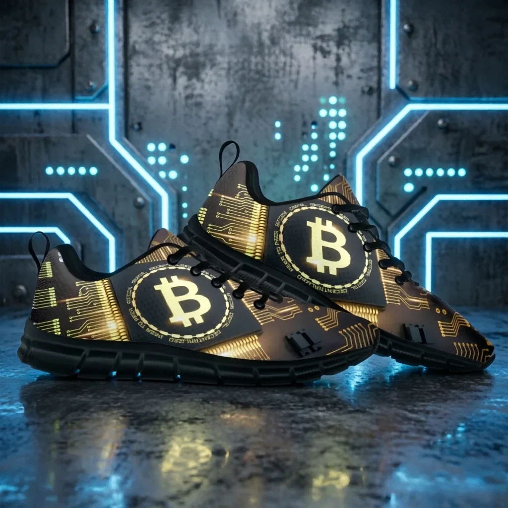 Фото Низкие кроссовки унисекс с узором «Черное золото» и схемой цепей Bitcoin, в современном техно-стиле, повседневная обувь, подарок для фанатов криптовалют №3