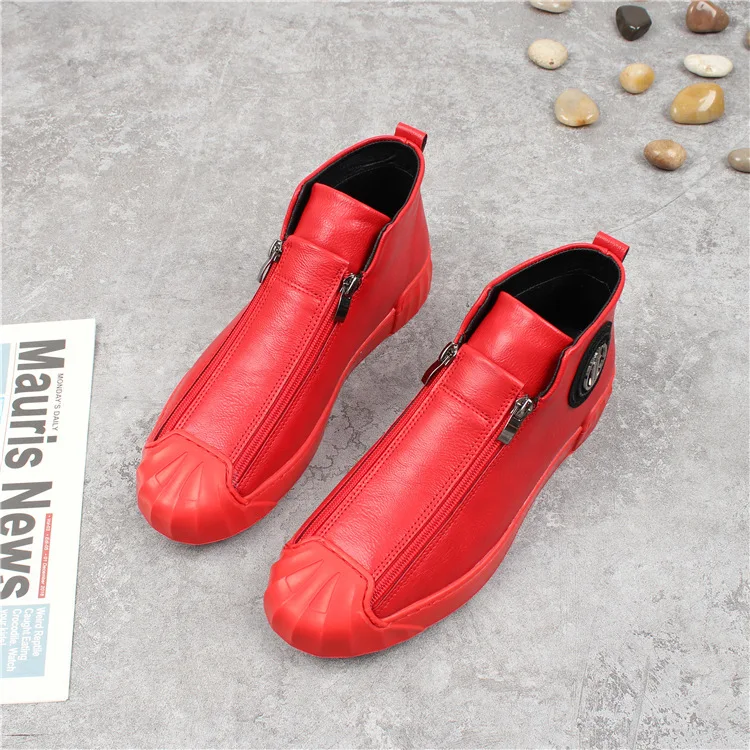 Мужские высокие повседневные ботинки на молнии черные флисовые плоской