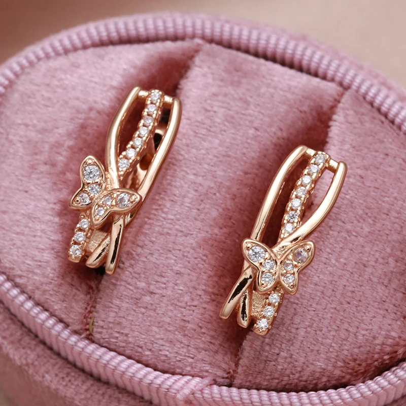 

New 585 Rose Gold Dancing Butterfly Earrings Elegant Curve Inlay Zircon Party Classic Clip Earrings Luxury Wedding Jewelry Gift