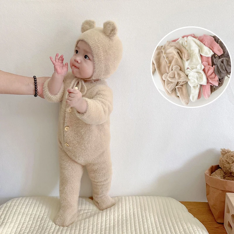 

New Toddler Infant Newborn Baby Clothes Bodysuit Autumn Winter Boys Girl Cute Bear Jumpsuit Kids Out Warm Pajamas With Plush Hat