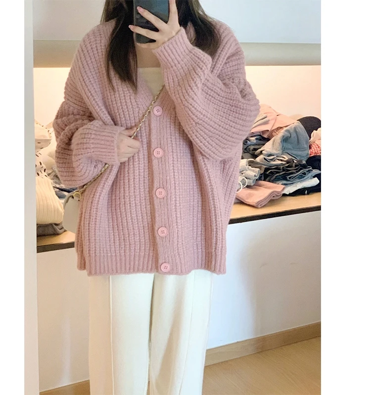 

Spring Autumn 2023 Korean Fashion Women Elegant Solid Outerwear Button Knitted V-neck Cardigans Vintage Warm Sweater K01