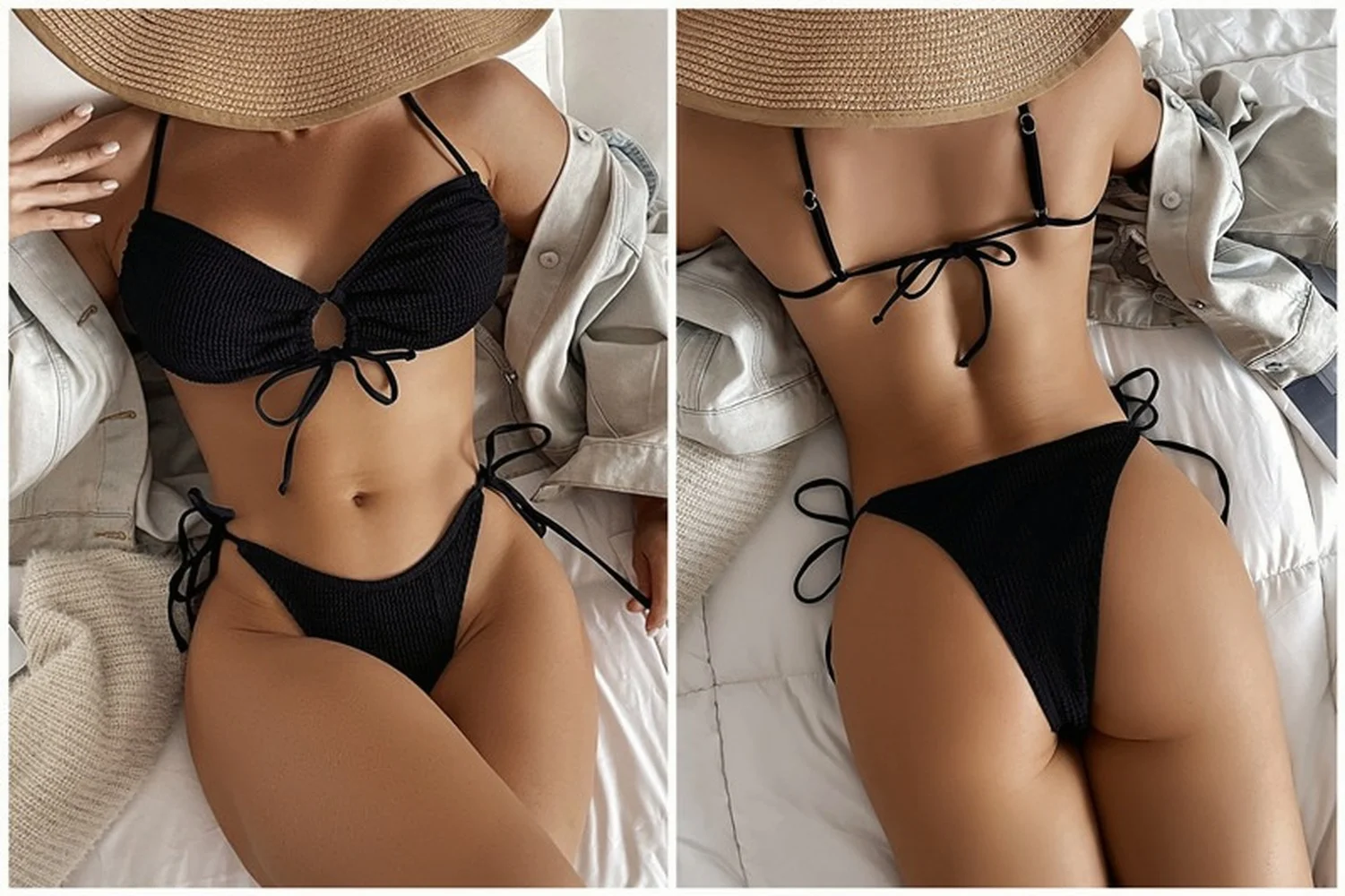 

2022 Sexy Black Backless Strappy G-String Bikini Set Hollow Ribbed Swimsuit 2pcs Thong Solid Swimwear Bikiny Women Bathing Suit