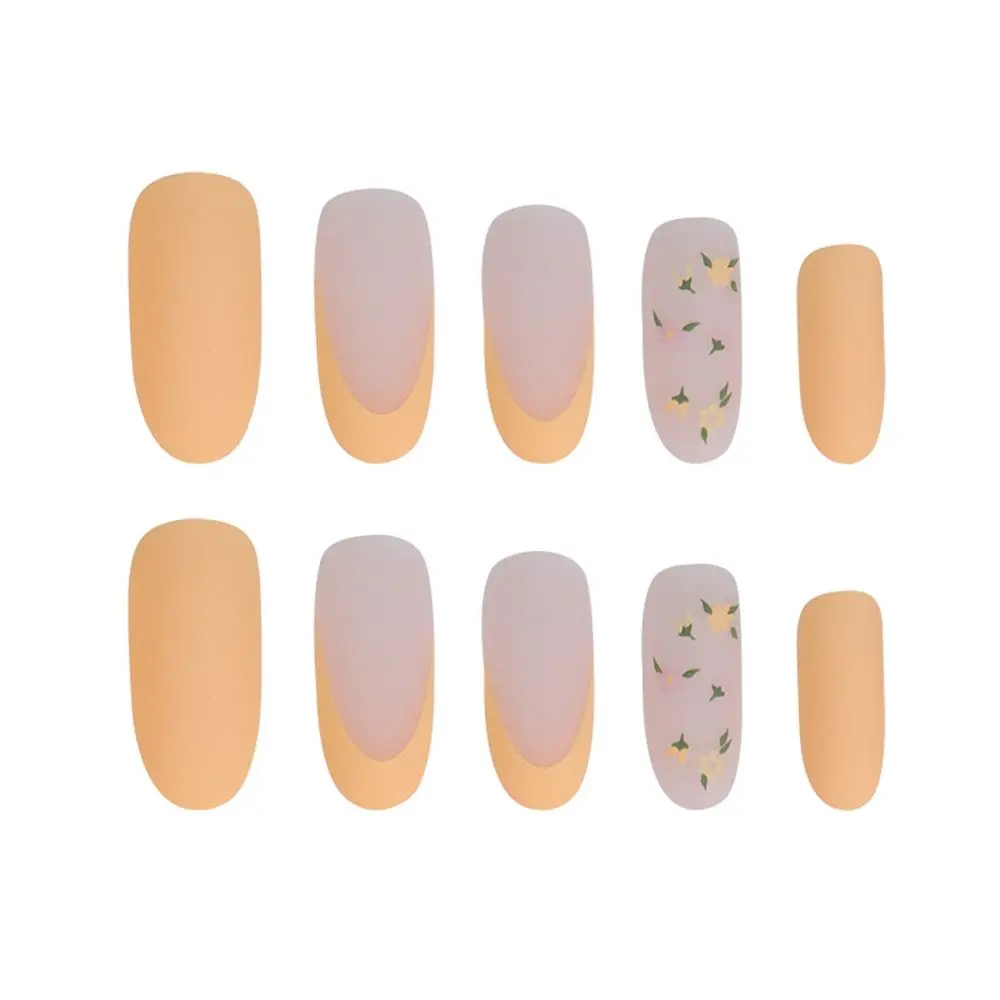24Pcs Yellow Small Fresh Round Head Small Flower Almond False Nails Cute French Fake Nails Full Cover Nail Tips Press On Nails images - 6