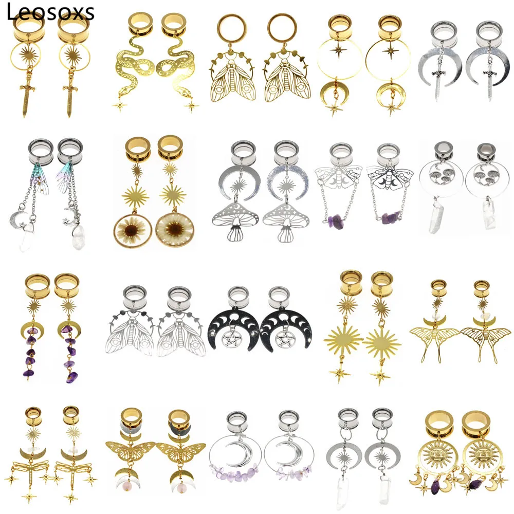 

Leosoxs 1 Pair Stainless Steel Ear Piercing Tunnels Gauges Stretchers Fashion Body Jewelry Dangle Earring Plugs Expanders 6-25mm