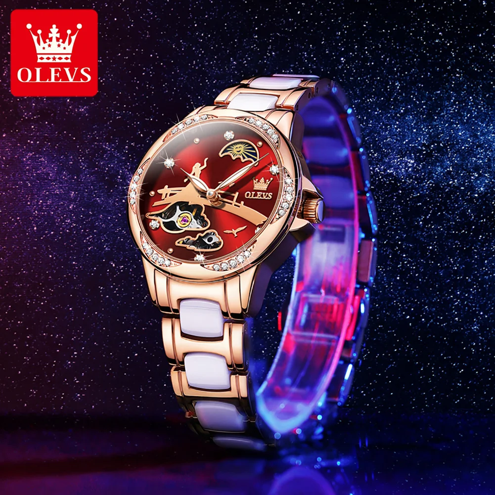 OLEVS Mechanical Watches For Women Automatic Elegant Woman Waterproof Hollow out Watch Luxury Ceramic Moon Phase Ladies Watch enlarge