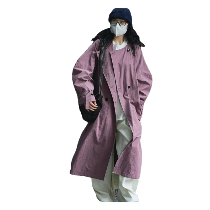 

New Women's Casual Trench Coat Solid O-neck Vintage Loose Long Windbreaker Gray Purple