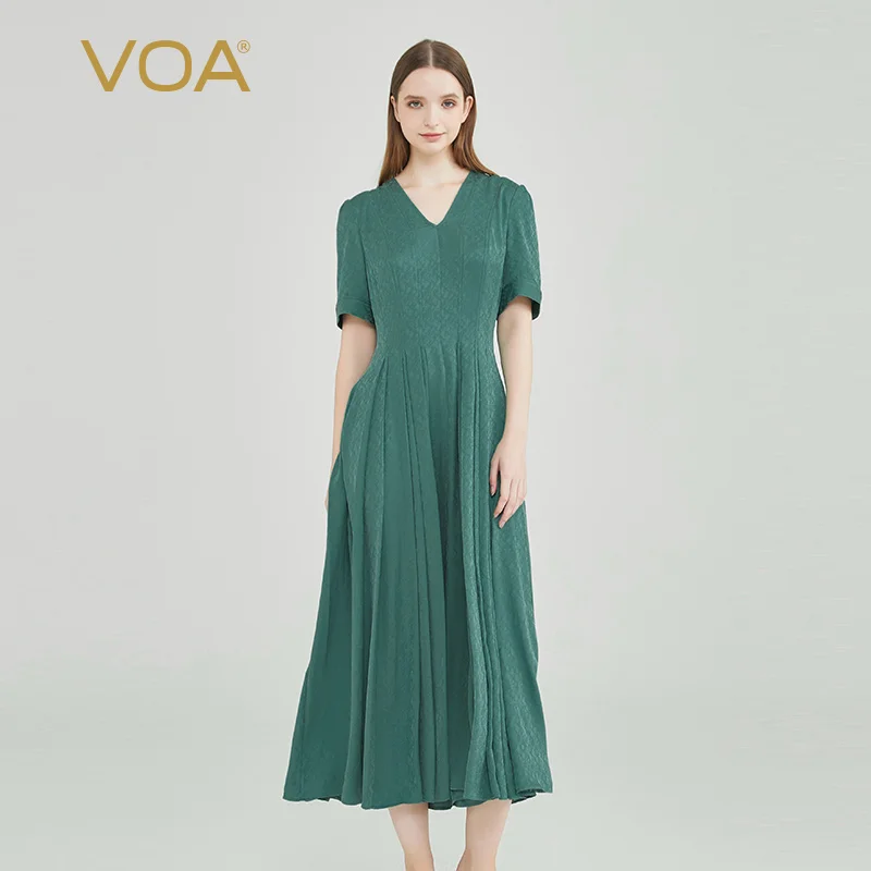 

VOA Silk Pattern Jacquard 22 Momme Turquoise V-Neck Pleated Design Bubble Short Sleeve Simple Basic Swing Dress AE2263
