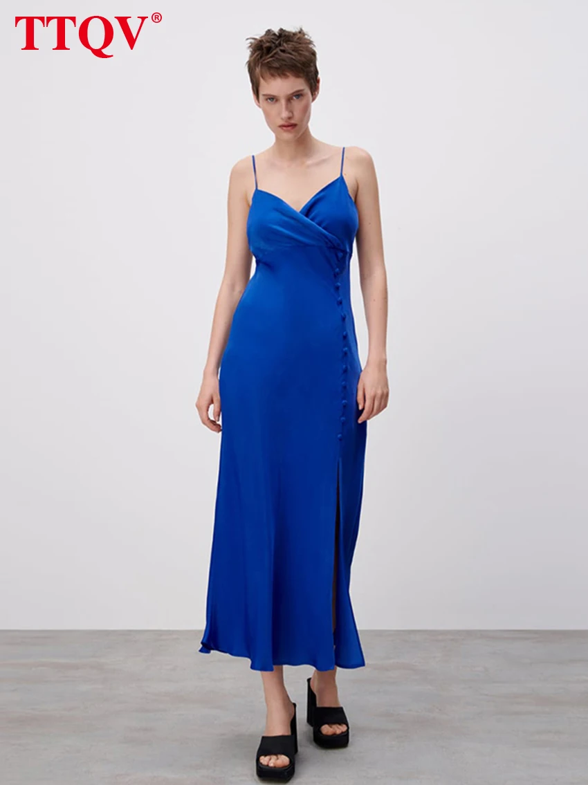 

TTQV Sexy Strap Blue Satin Dress Ladies 2022 Bodycon Sleeveless Slit Midi Dress Elegant Backless Party Dresses For Women Buttons