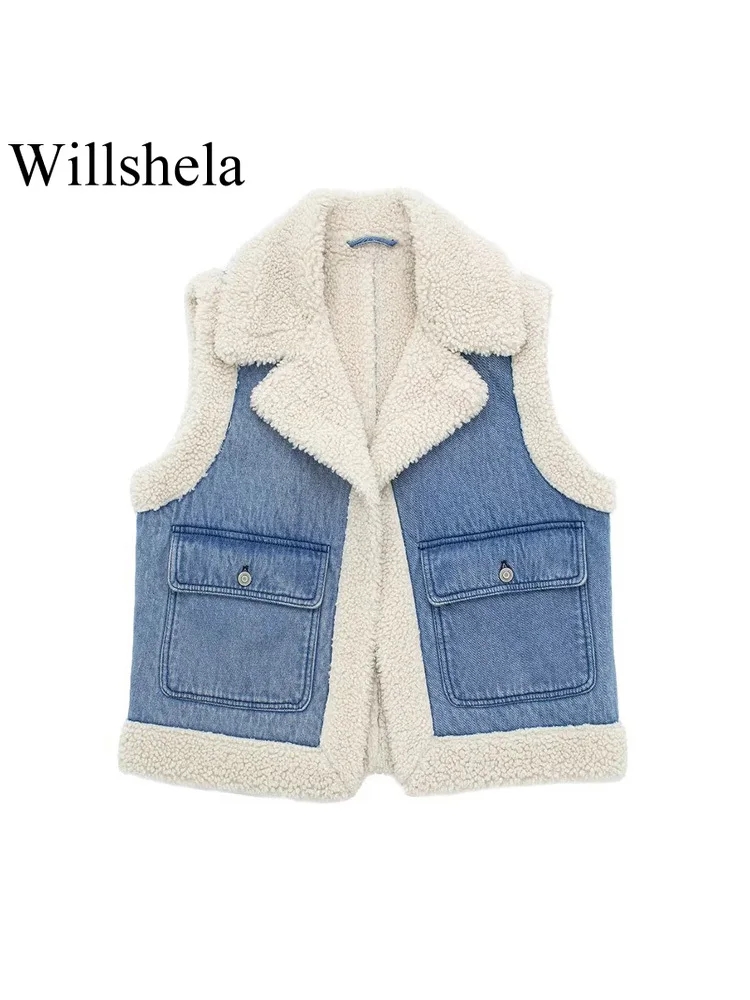 

Willshela Женская мода с карманами джинсовая синяя открытая стежка без рукавов куртки винтажные с v-образным вырезом женские шикарные жилеты