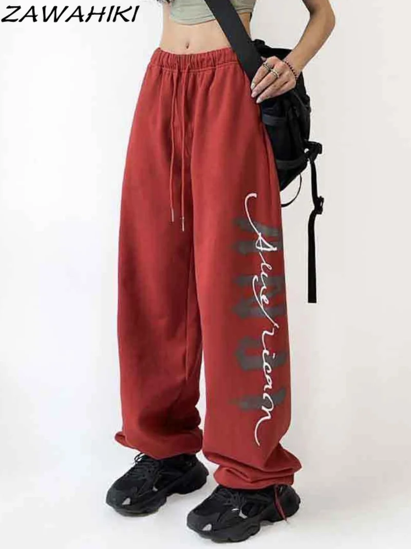American Retro Women's Vintage Red & Black High Waist Jeans Baggy Straight Pants High Street Wide Leg Trouser Ladies Clothes