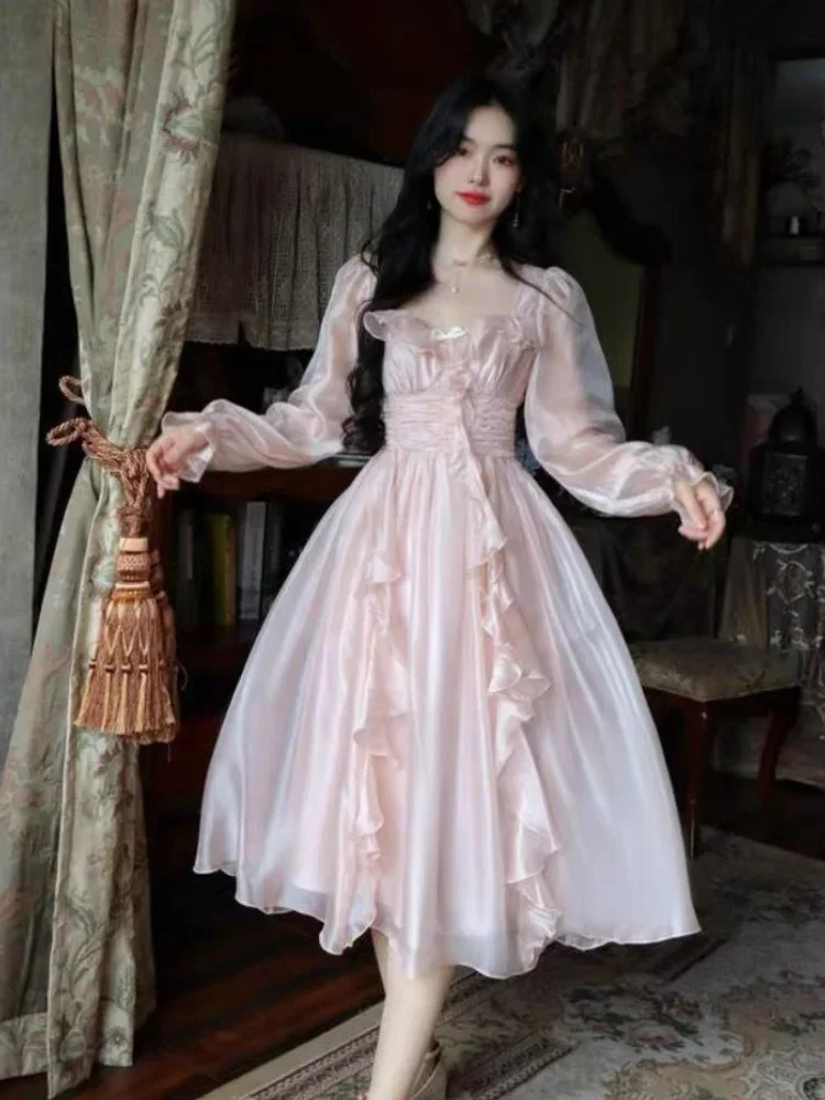 Платья с длинным рукавом женские розовые милые элегантные вечерние ретро миди