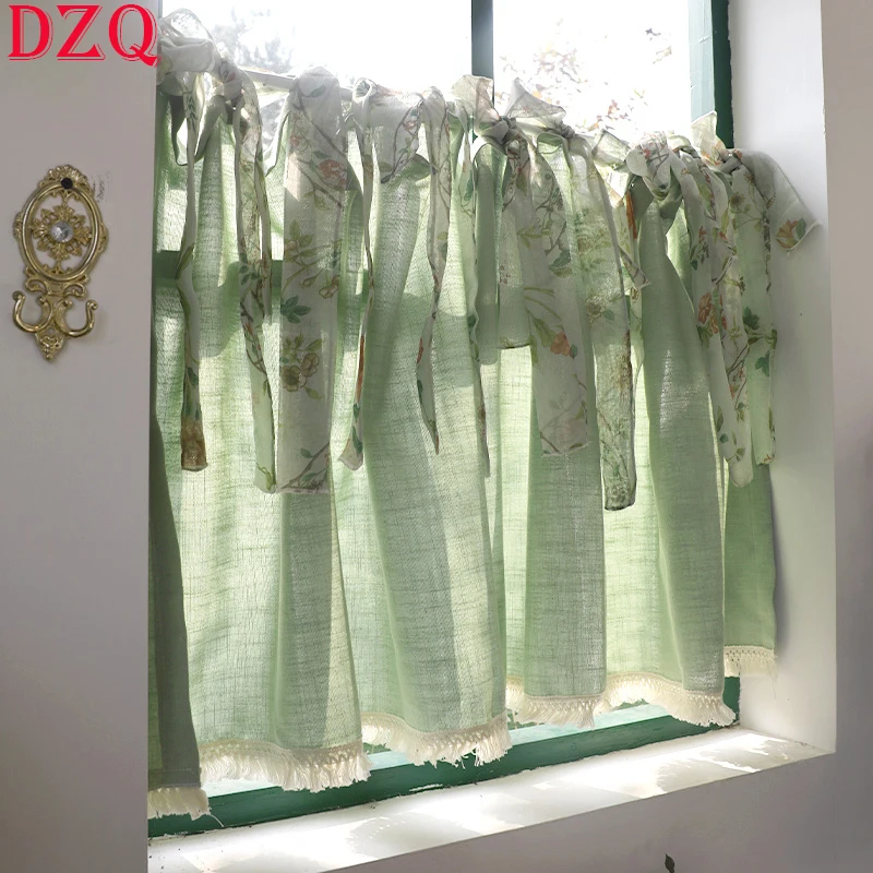 

American Rural Cotton and Linen Short Curtains for Living Room Elegant Tether Tulle Half Curtains for Kitchen #A280