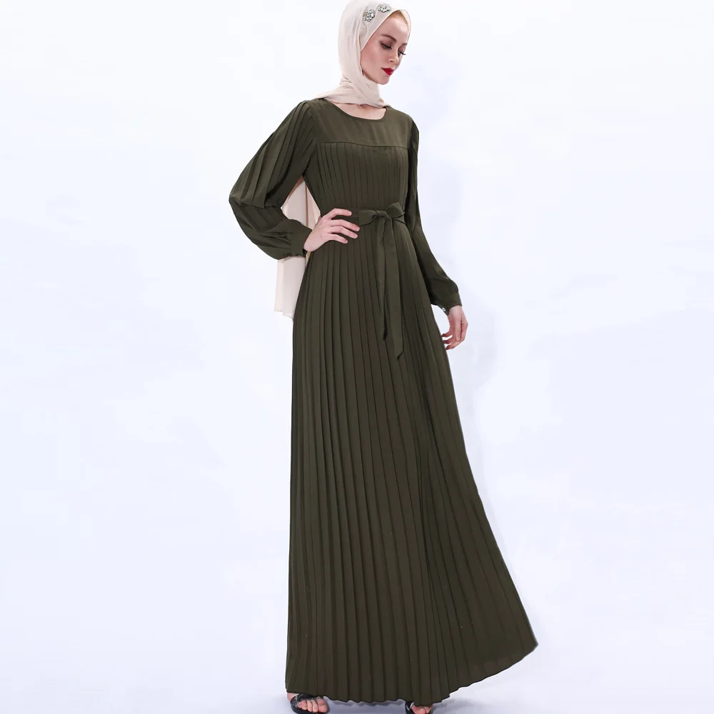 Robe Femme Musulmane Women Pleated Muslim Dress Islamic Ramadan Dress Belt Abaya Dubai Abaya Turkey Muslim Fashion