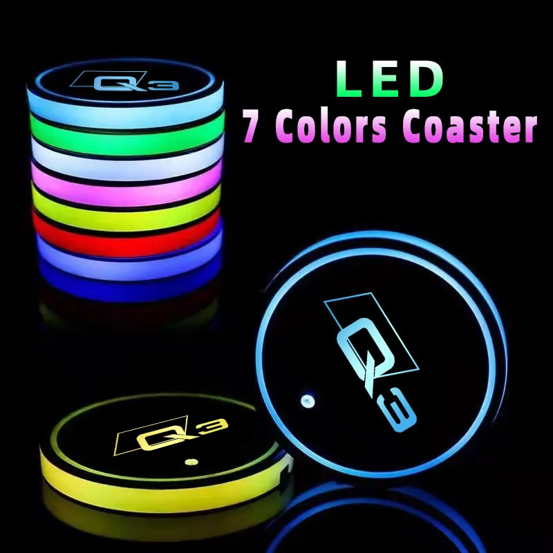 

Car Logo Led Atmosphere Light 7 Colorful Cup Luminous Coaster Holder For Audi Q3 2012 2013 2015-2017 2018-2022 Auto Accessories