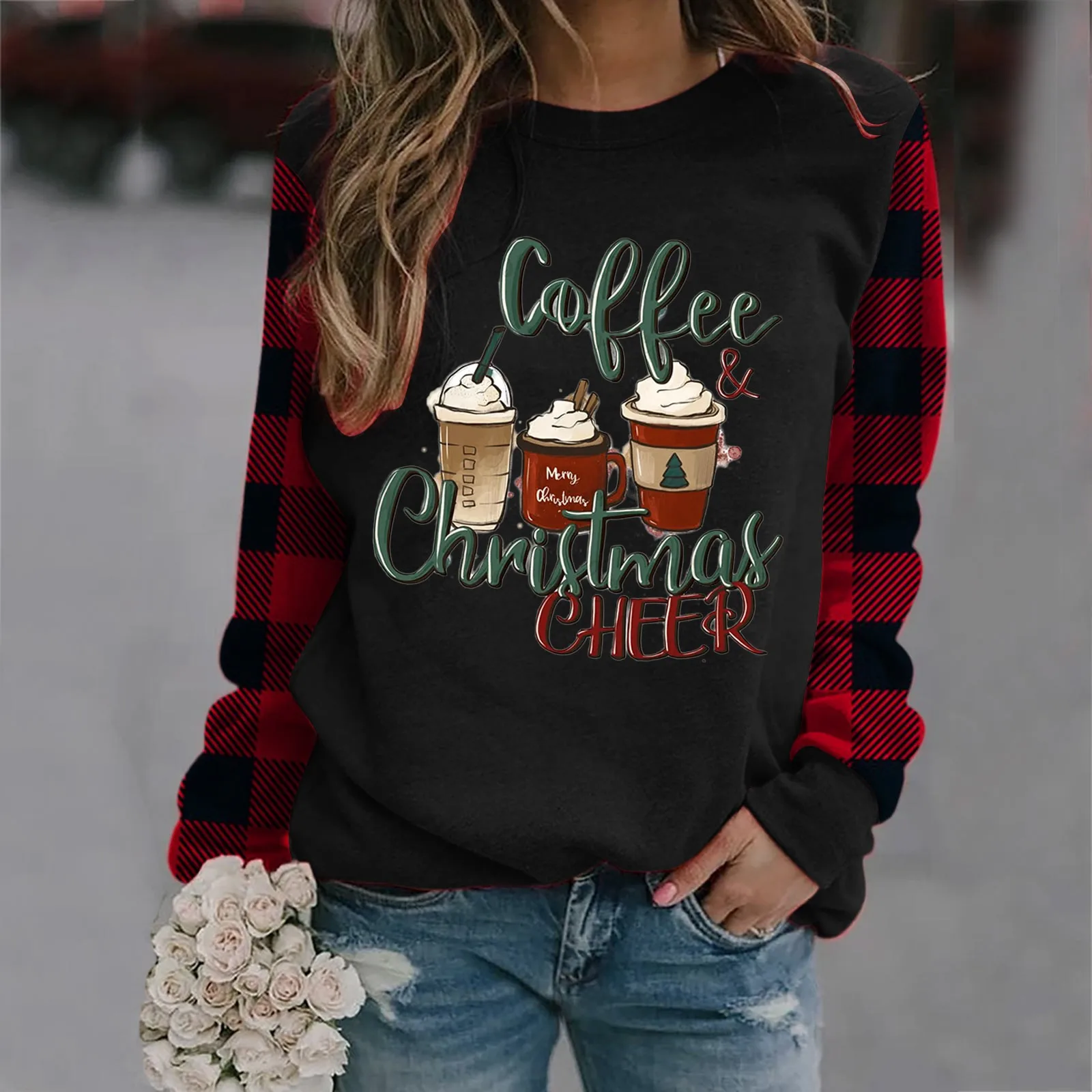 

Women Festive Sweaters Christmas Coffee Cup Plaid Hoodies Sweatshirt Womens Casual Fall Long Sleeve Distressed Sweat Shirts