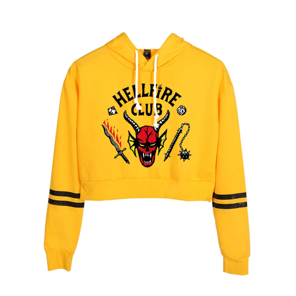 

Stranger Things 4 Hellfire Club Crop Top Hoodie Women Harajuku Cropped Sweatshirt Streetwear Hip Hop Long Sleeves Pullover Tops