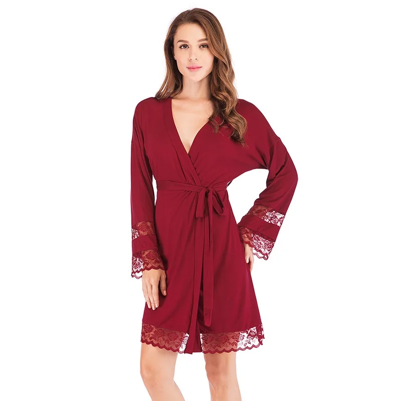Spring and Autumn New Women's Nightgown Loose Long-sleeved Lace Simple Women's Home Service Lingerie Robe Bath Robe Sleepwear