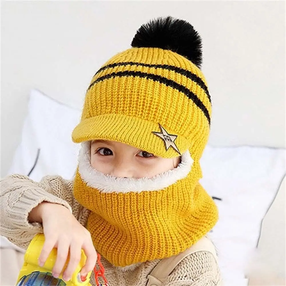 

Toddler With Scarf Kids Face Guard Neck Warmer Fleece Lining Kids Caps Children Winter Hats Knitting Hat Baby Bonnet