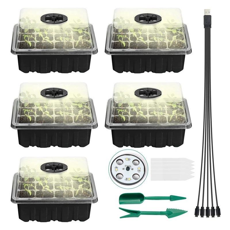 

5 Packs Seed Starter Trays With Grow Light,Seed Starter Kit Adjustable Humidity, Seed Starting Trays,Plant Starter