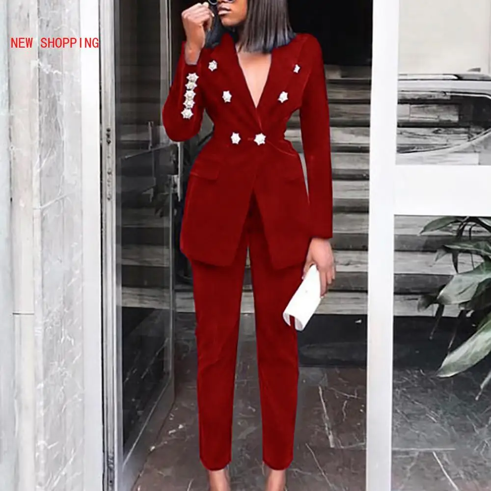 Women's Velvet Winter New Crystal Buckle Set Long Sleeve Jacket & Pants 2 Two Piece Set Celebrity Evening Runway Party Suit Red