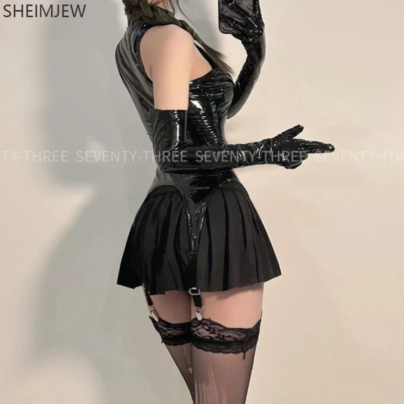 Женское пикантное боди из лакированной кожи темный Косплей-комбидресс маленький