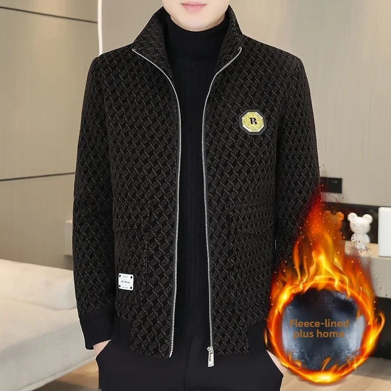 2023 Autumn/winter New Fleece-lined Thickened Warm Stand Collar Jacket Casual Home Clothes Light Business Men's Wear
