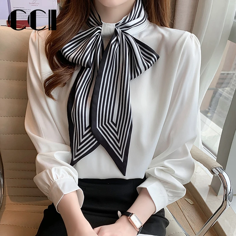 

CCI New Spring Summer Office Shirts Womens Blouses Bow Vintage Casual Tops Chiffon Elegant Long Sleeve Loose Clothes YJ031T
