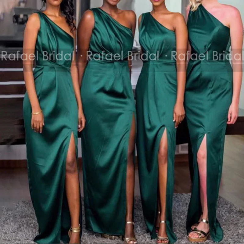 

Cheap Sheath Long Bridesmaid Dresses With Side Split Pleat One Shoulder Emerald Green Women Party Maid Of Honor Dress