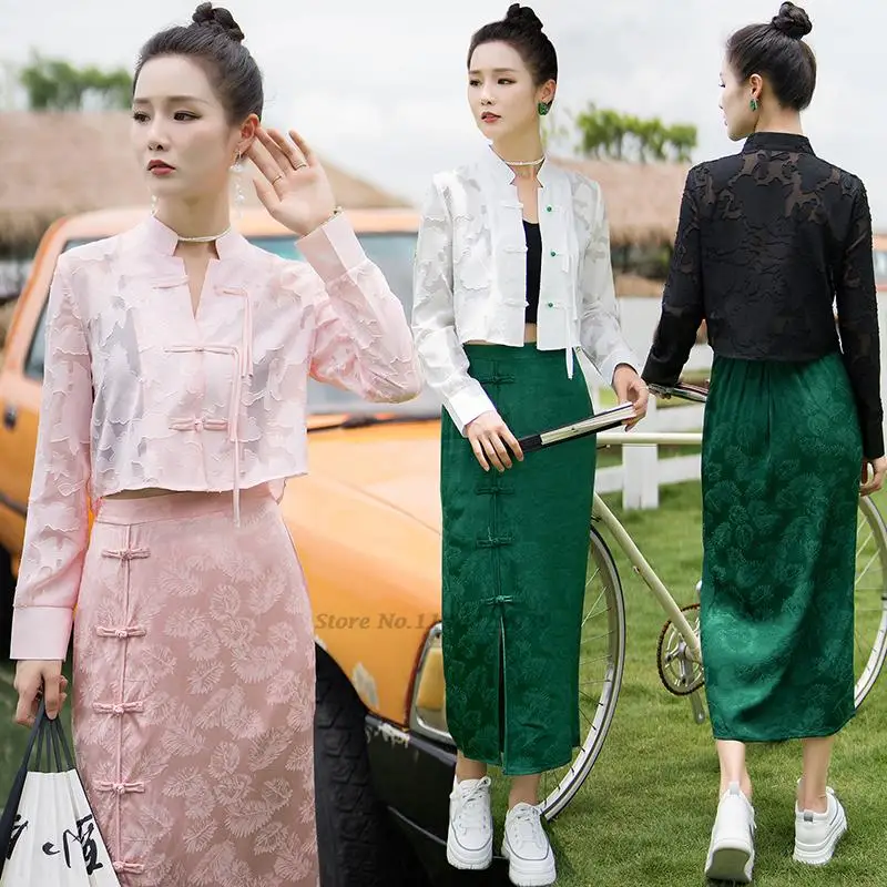 

2023 chinese traditional hanfu tops improved tang suit national oriental flower embroidery mesh coat vintage cheongsam blouse