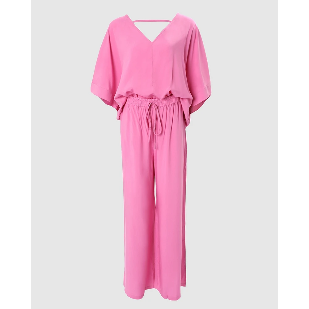 Autumn Women V-Neck Batwing Sleeve Top & High Waist Pants Set Solid Sleepwear Long Sleeve Two Pieces Homewear Casual Pajamas Set