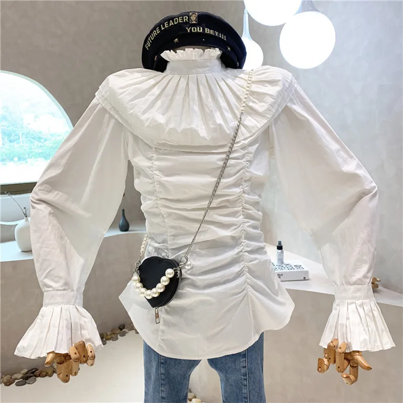 

Niche Design New Women's Clothing 2022 Spring Design Sense Pleated Shirt Versatile Flared Long Sleeve White Tops Female Blouses
