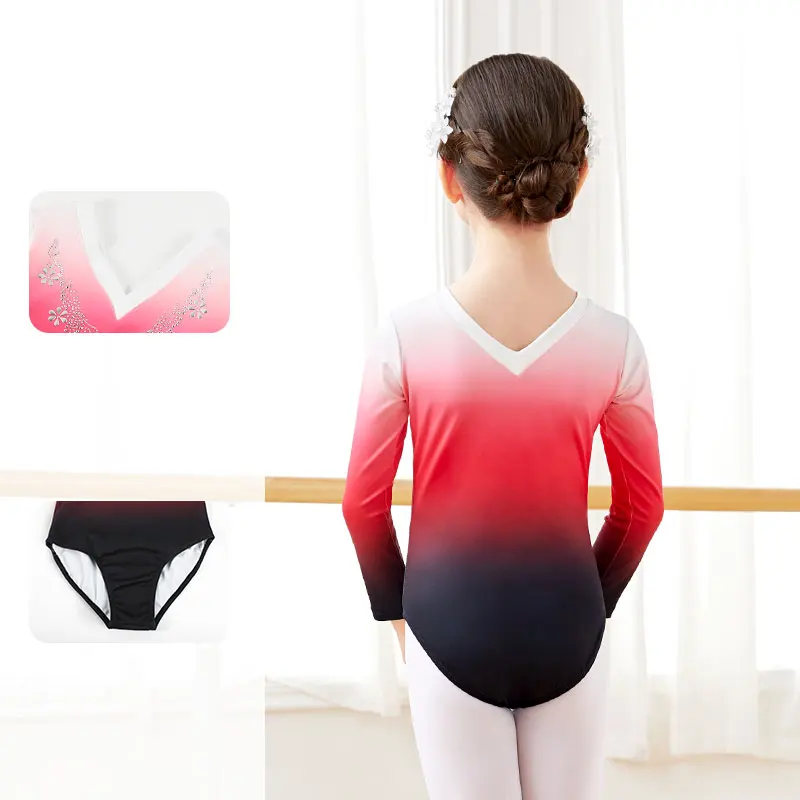 Gymnastics Leotard Girls Ballet Leotards Gradient Rhinestone V Collar Closed Crotch Dance Leotards Ballet Bodysuit Girls