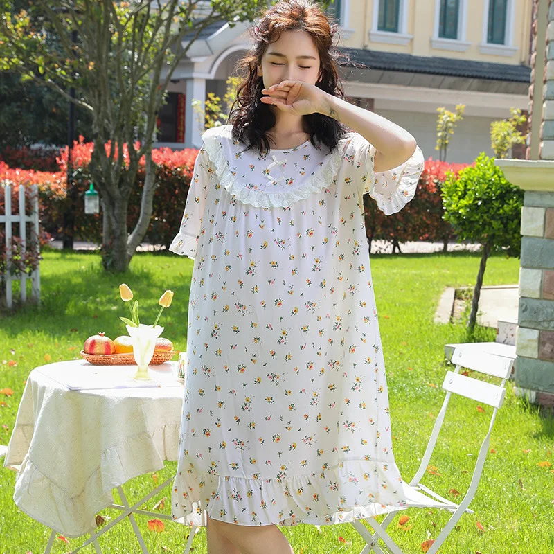 Round Neck Short Sleeve Cute Style Big Size Nightgowns For Women Summer Thin Loose Sleepwear Attractive Nightwear Homewear Cute