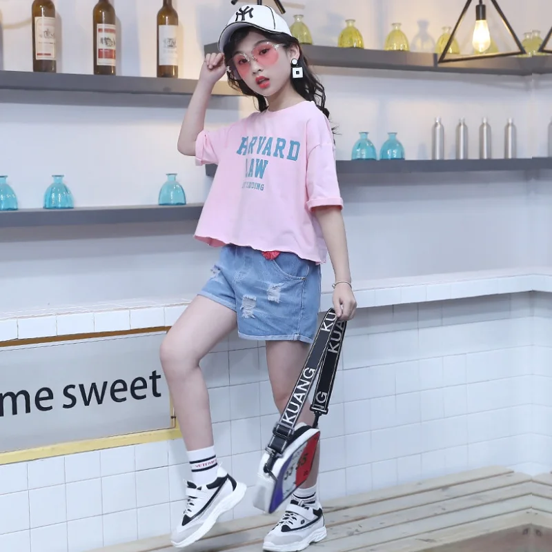 

Child clothing suits girls clothes letter printing sports tops T-shirts do old jeans beach pants new summer quality kids garment