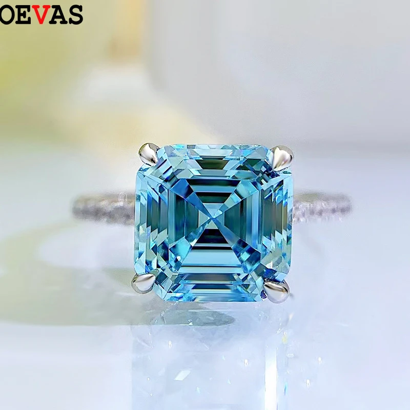 

OEVAS 100% 925 Sterling Silver 9*9mm Square Aquamarine Blue Rings High Carbon Diamond For Women Sparkling Wedding Fine Jewelry