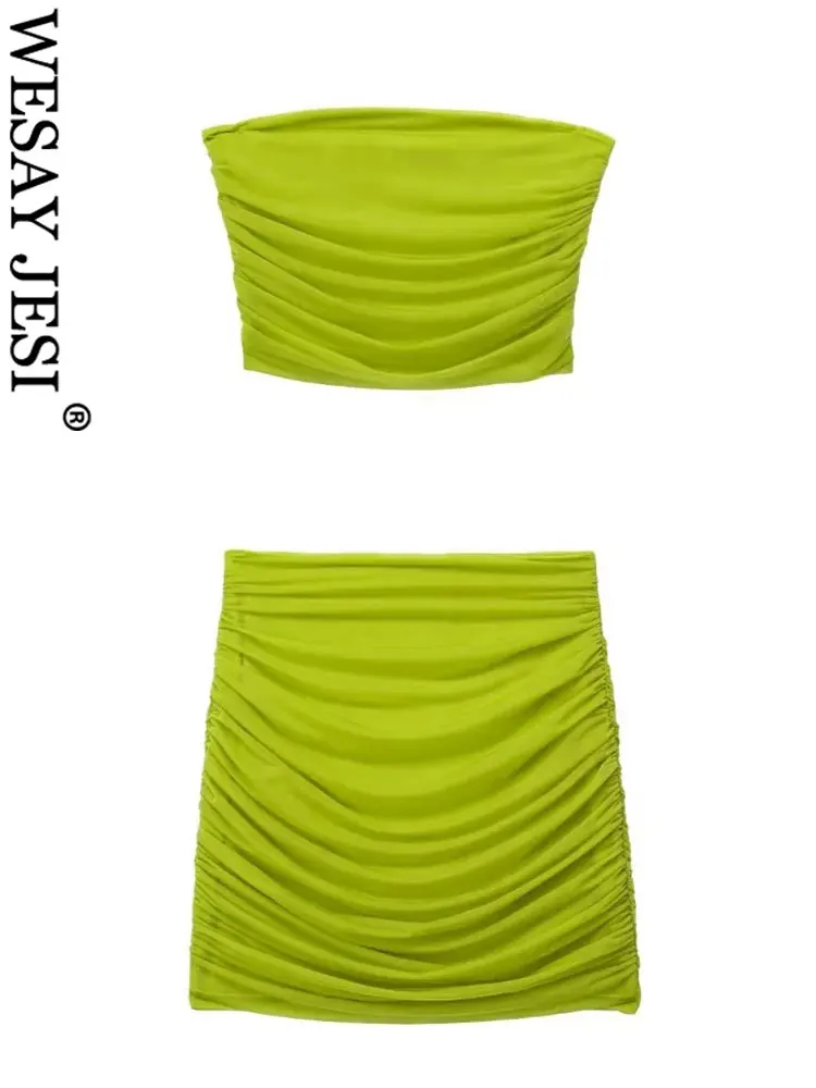 

WESAY JESI TRAF Женская Летняя мода однотонная без бретелек с открытой спиной без рукавов Сексуальная майка + Тюлевая мини-юбка с высокой талией 2 шт.