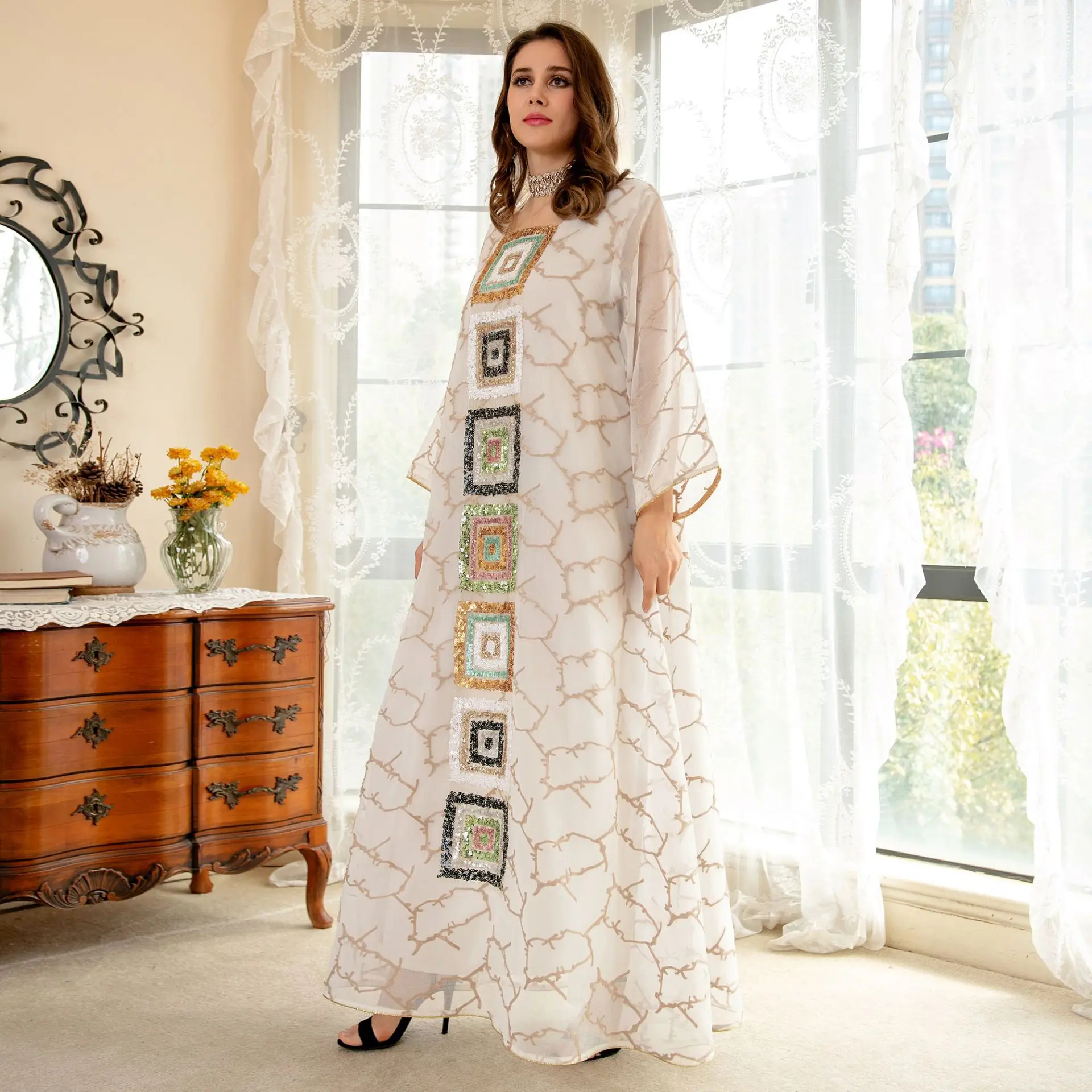 Plus Size Summer Modern Women Dress Maxi Long Abayas Oversized Islam Clothing Sequin Embroidered Muslim Jilbab